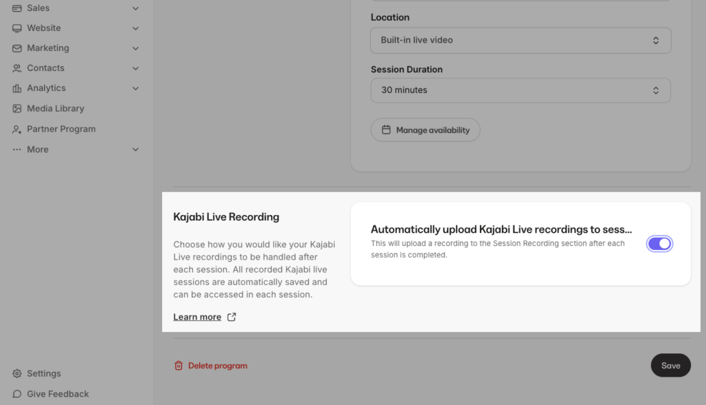 Sessions recording in Kajabi coaching sessions.