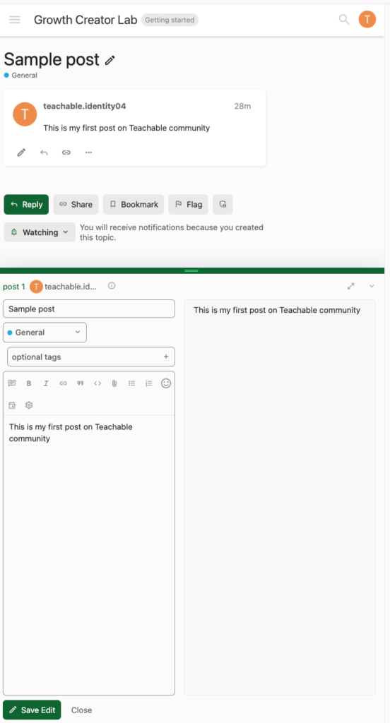 Teachable clunky community post editor.