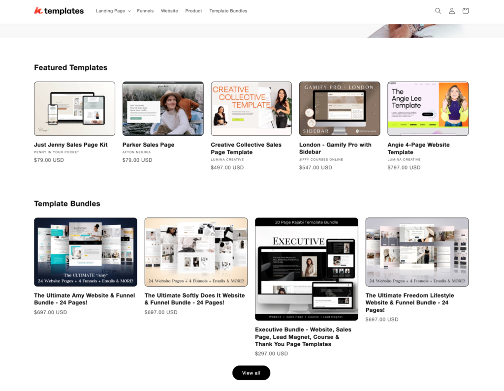 Kajabi page template marketplace.