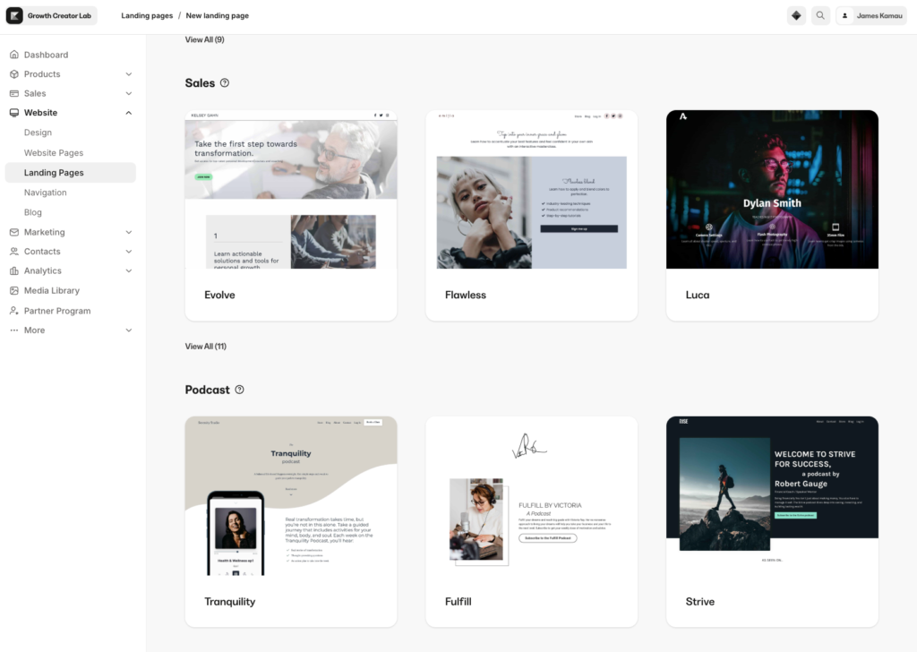 Kajabi landing page templates.