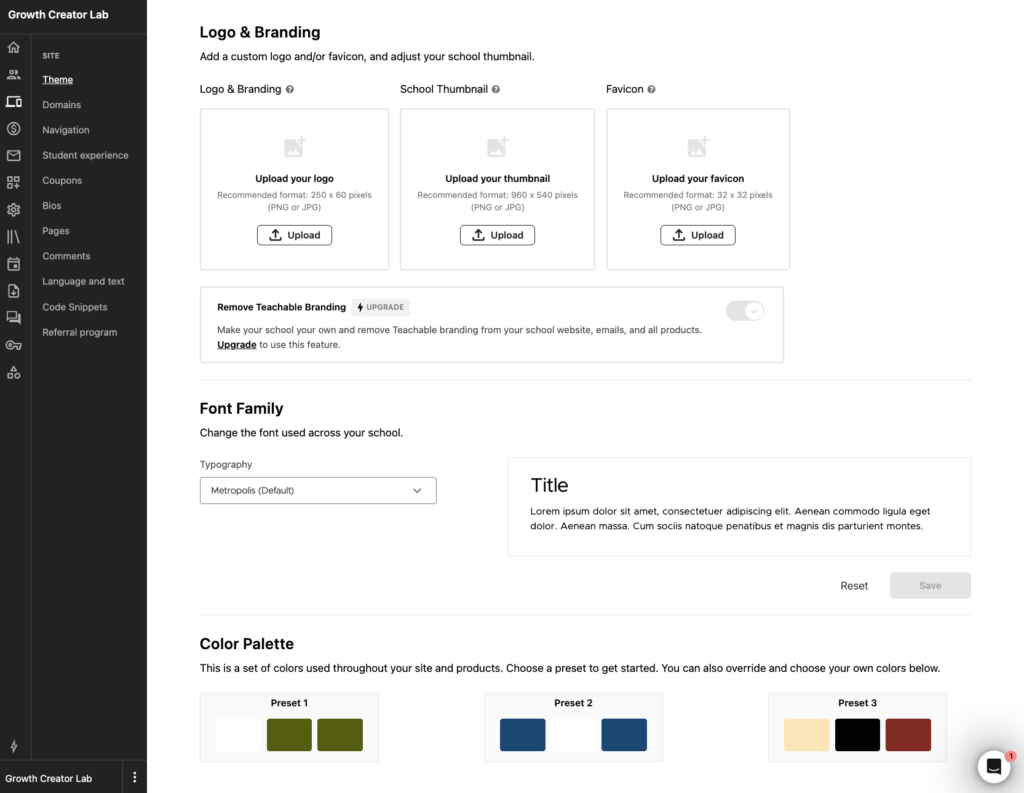Teachable theme customizer.