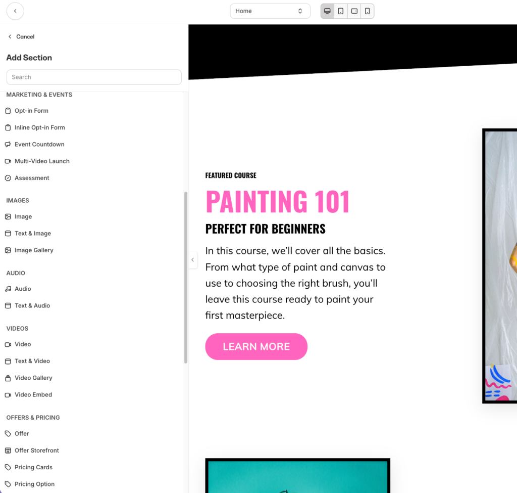 Kajabi page builder and all the sections and elements you can add to your page design.