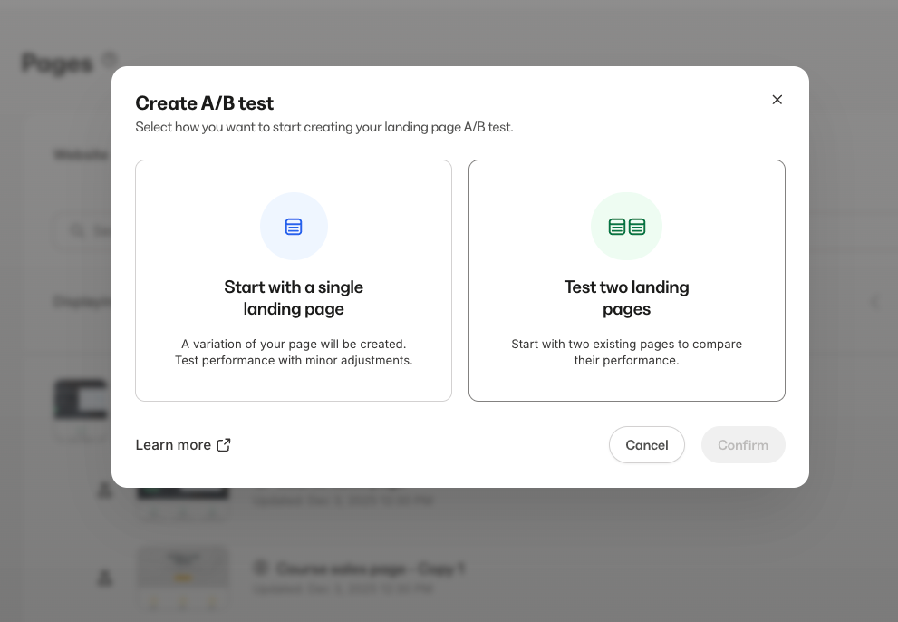 A/B testing pages in Kajabi.