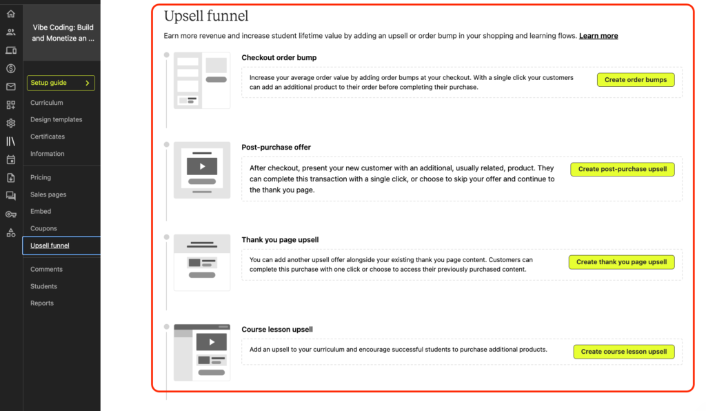 Teachable upsell funnel.