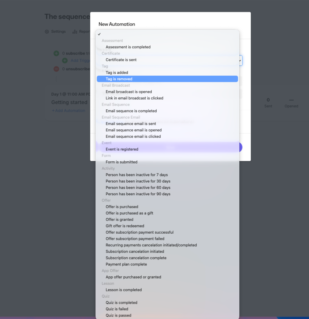 Kajabi automation options.