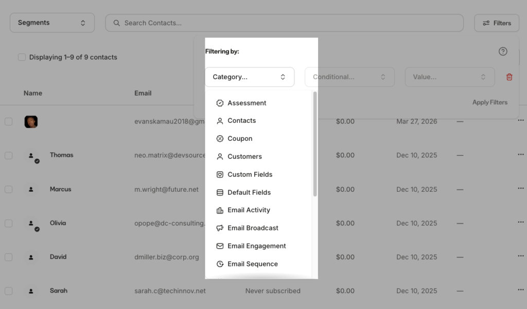 Contact filtering options.