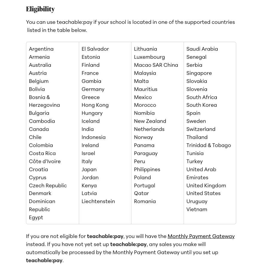 Teachable:pay the countries it supports.