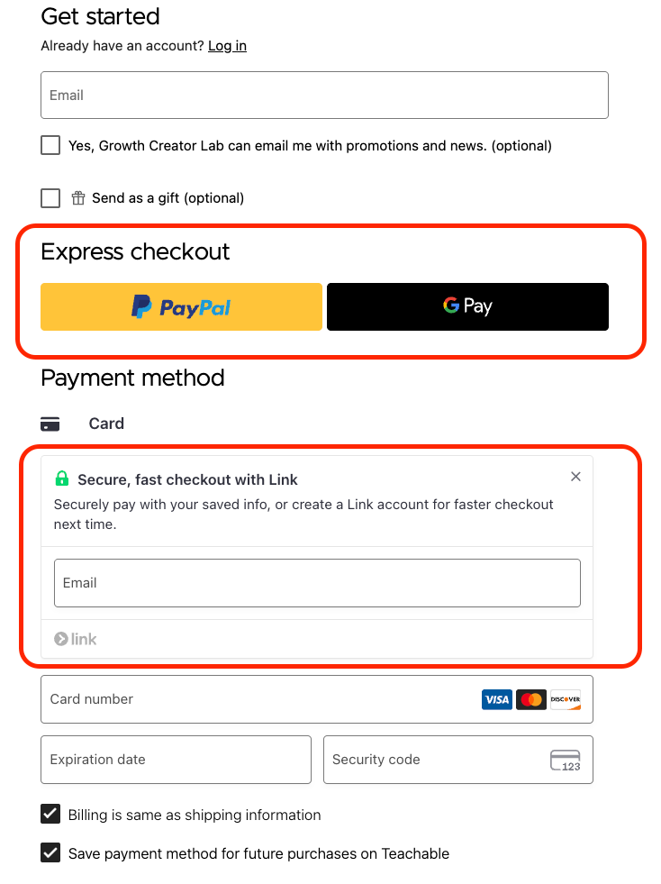 Teachable express checkout and link checkout.