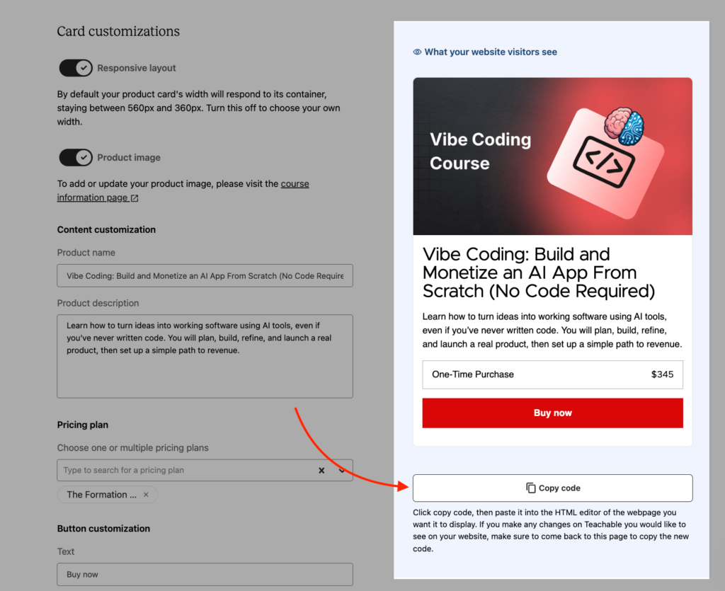 Embed Teachable payment button.