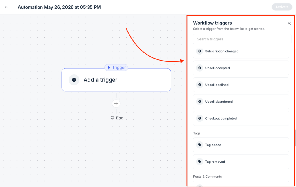 Workflow Automation Builder in Circle with a vast amount of options of event triggers that you can get started with
