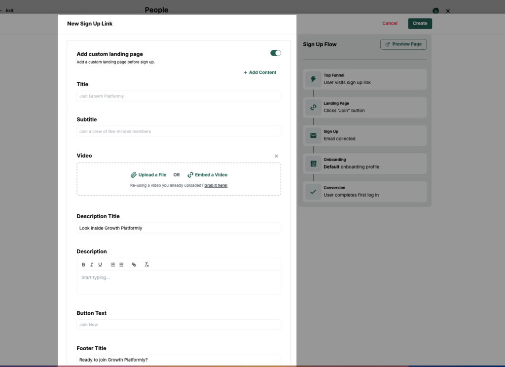 Basic Page builder called sign up link in heartbeat