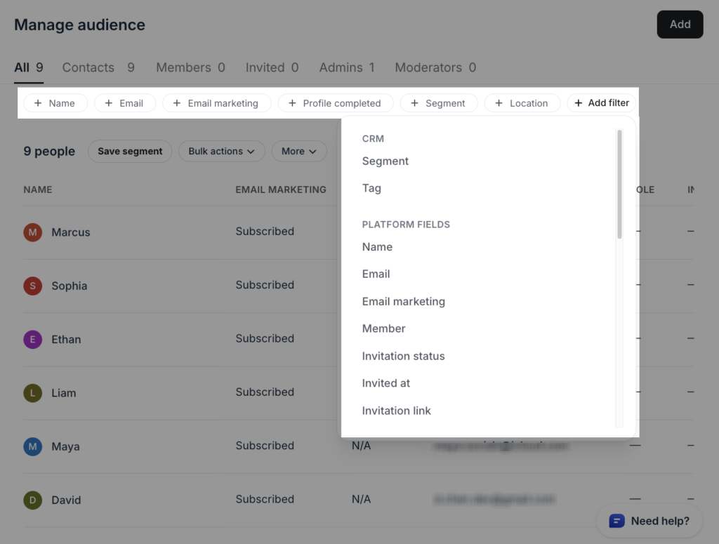 Circle CRM level audience management dashboard where you can view and filter your audience, and even segment and categorize them