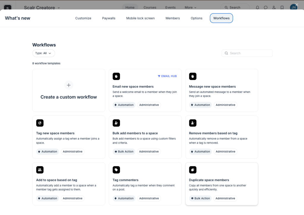 Creating workflows specific to a space