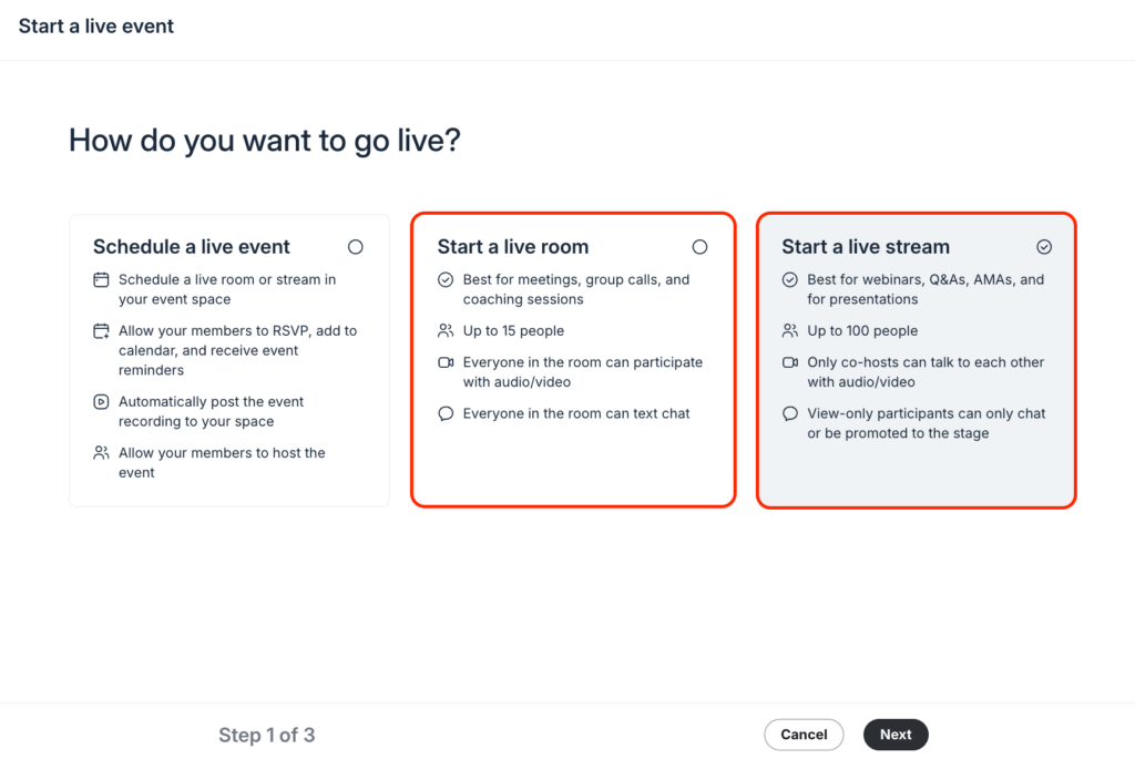 Choose between a live room and a live stream when creating or scheduling an event in Circle.