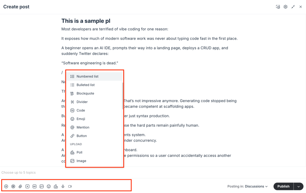 Circle's rich community post editor