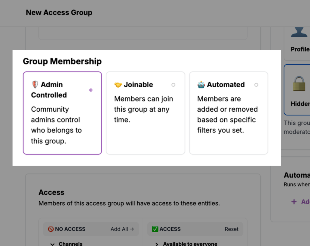 Various types of groups you can create in Hearbeat, including admin-controlled joinable, and automated