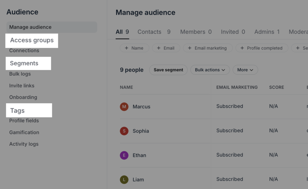 Access groups, segments, and tags, which you can use to manage your members and even access in your community.
