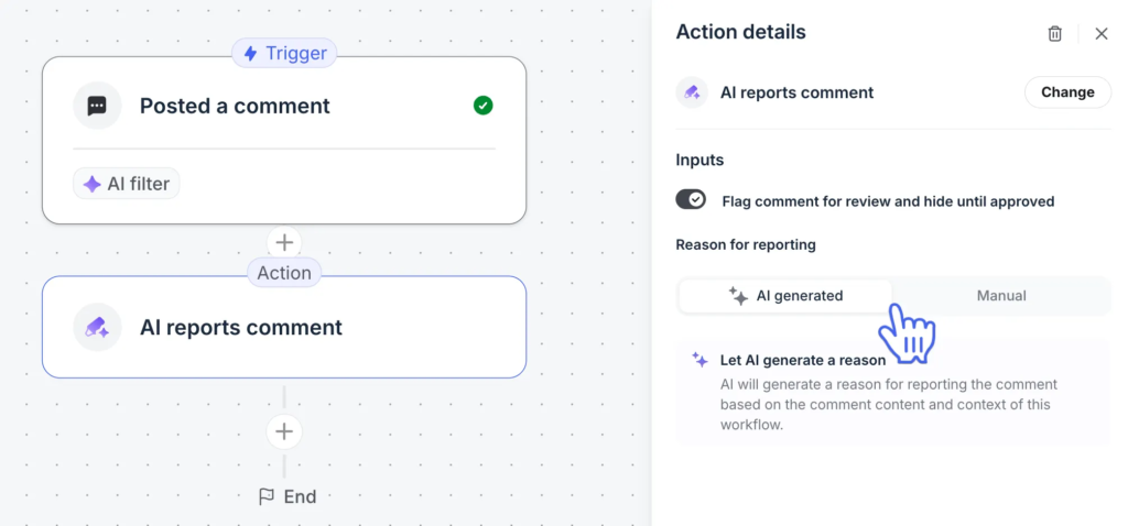 Circle's integrated AI moderation features where you can trigger actions like reporting comments through its AI workflow automation builder