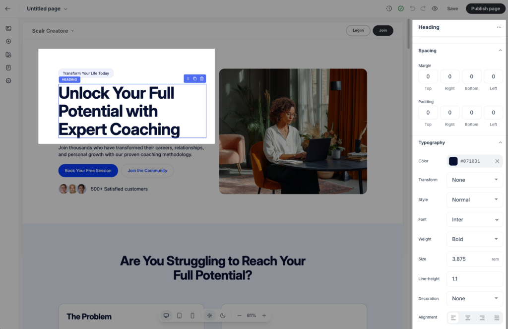 Customization options in Circle website builder