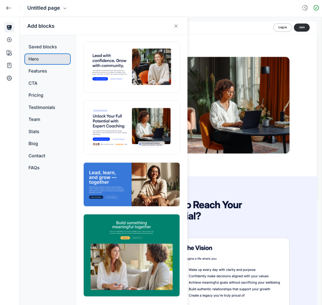 Saco website builder featuring block templates like hero section templates among others