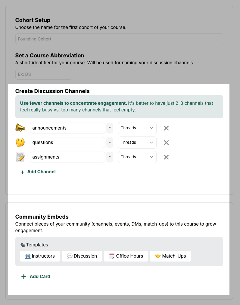 Ability to embed community discussion channels and other utilities like office hours, match-ups, and instructor profiles inside your cohort-based courses in Heartbeat