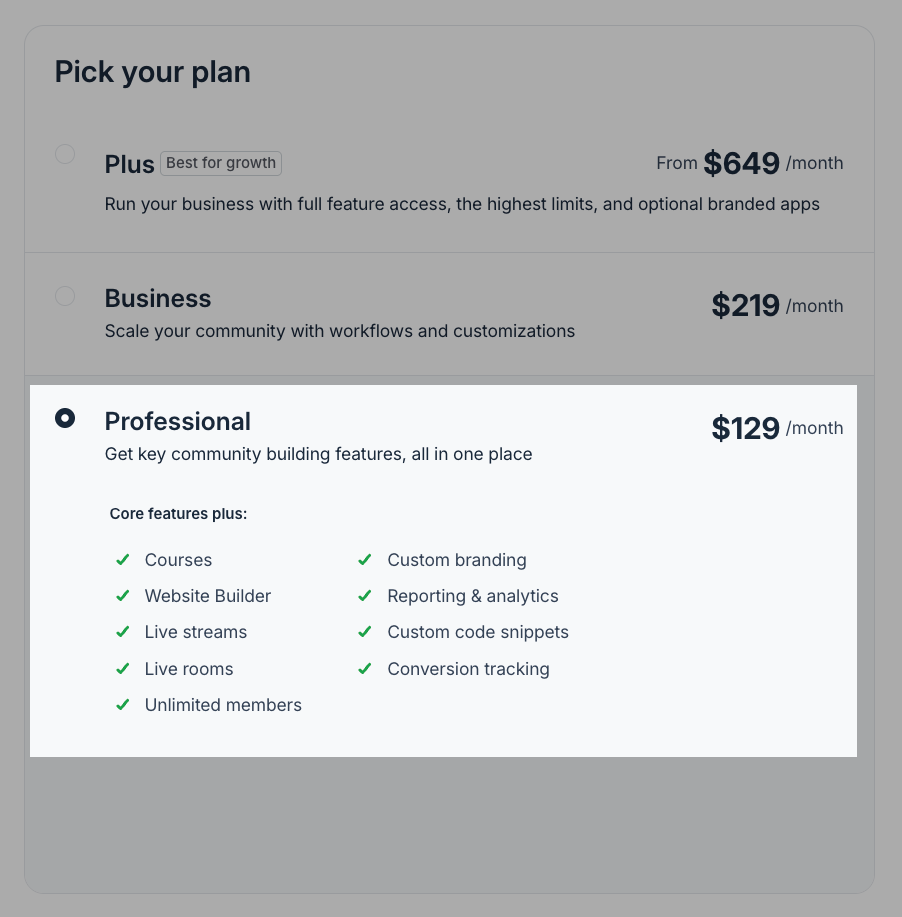 Actual Circle.so pricing for the Professional plan, its entry-level plan, costing $129 a month