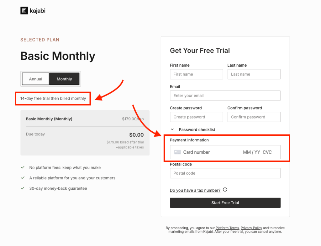 Kajabi checkout asking you to put your credit card to access the free trial