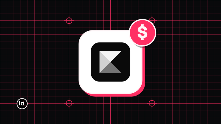 Kajabi app icon on a black grid with a pink dollar badge for pricing