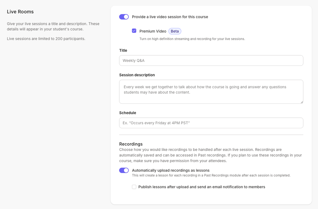 Kajabi in-course livestreaming tool