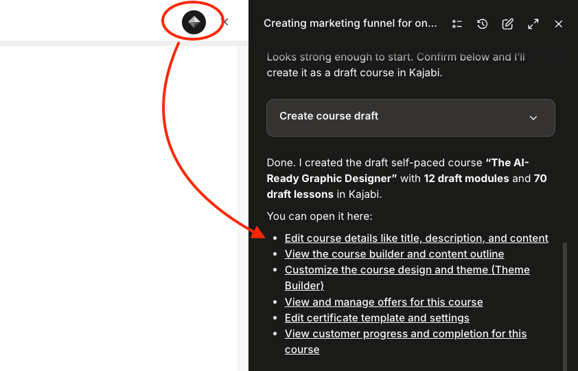 Tell Kajabi's AI wizard to create create a course outline for you
